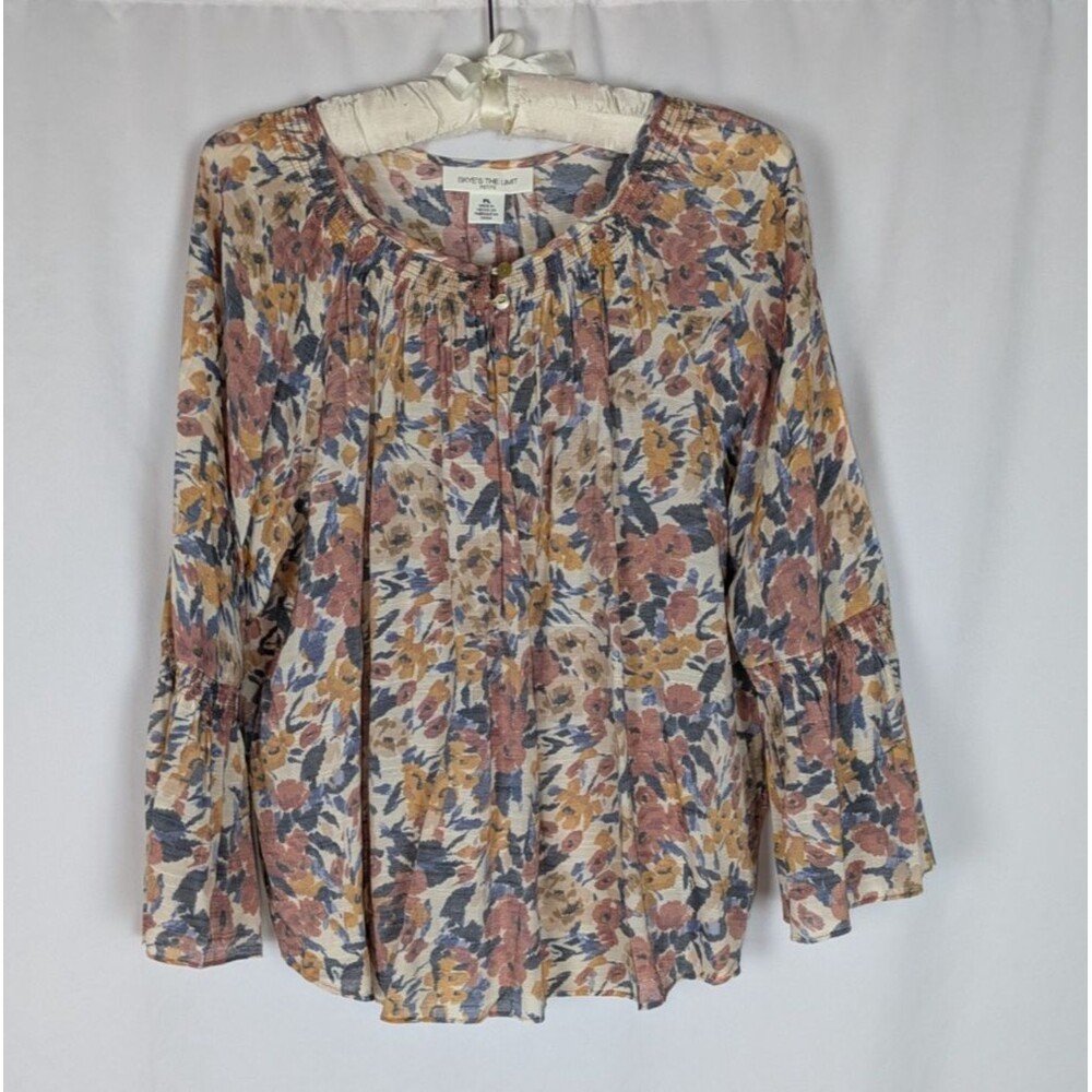 Skye's the Limit Blouse PL Women's Cream Floral Long Bell Sleeve Buttons Boho